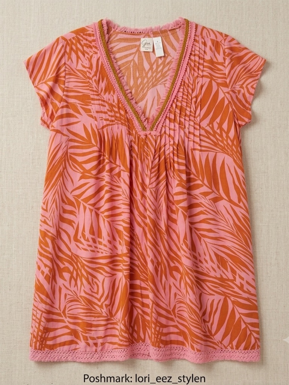 Japna Pink & Orange Tropical V-Neck mini dress or beach cover up